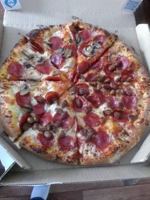 Hand tossed large with pepperoni, sausage and mushrooms!