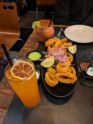 Pisco Sunrise, calamari, pisco mule