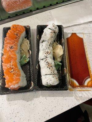 Sushi dinner (salmon roll and avocado/cucumber roll)