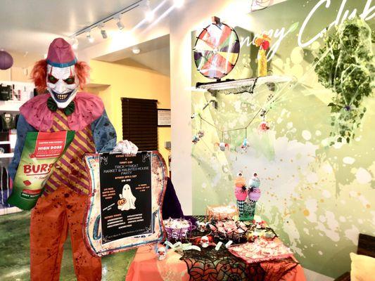 This is one of the animatronics I purchased with their budget money and the candy bar I set up next to the clown animatronic.