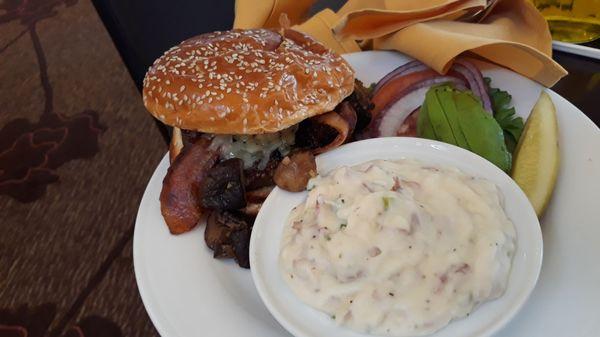 Burger and mashed potatoes