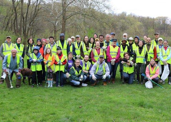 Volunteers getting ready to remove trash from Nine Mile Run at our Spring Stream Sweep, April 2017.