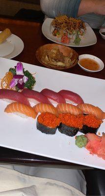 Tuna, salmon, tobiko sushi