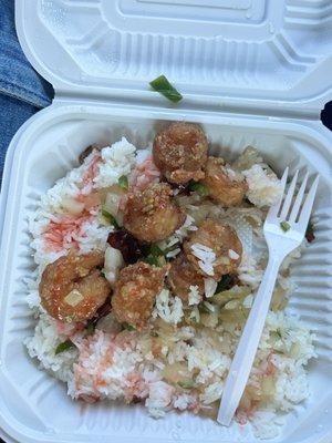 This was $16 , I ate 3 shrimp 1 bite of rice . This is crazy small & it's basic steamed rice! $16 dollars