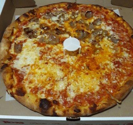 Large pie with half sausage and full fresh garlic