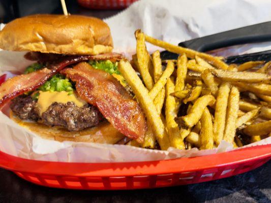 I have never had a burger with peanut butter, jalapeño and OMG BACON.  Fresh made patty and homemade fries just like my Momma made.