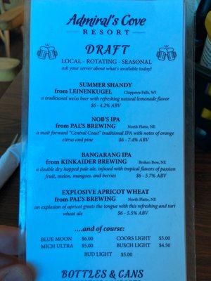 Admiral's Cove - Drink menu