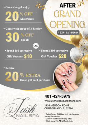 Visit us at 1726 Mendon Rd Suite #6, Cumberland, RI 02864
 Call 401-424-5979 or book online at www.lushnailspacumberland.com