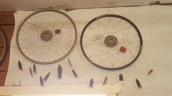 Dream catchers made from recycled materials.