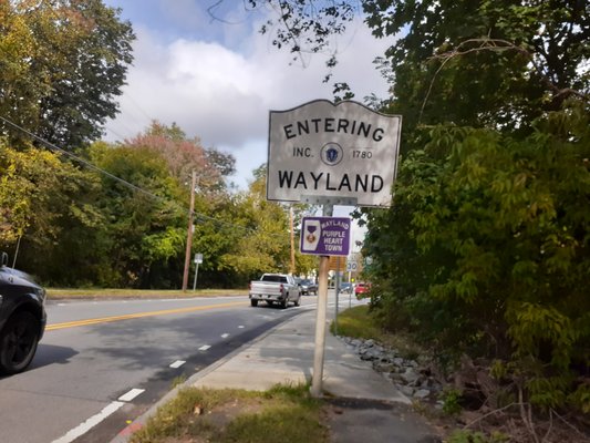 Entering Wayland sign. From Natick, Massachusetts.