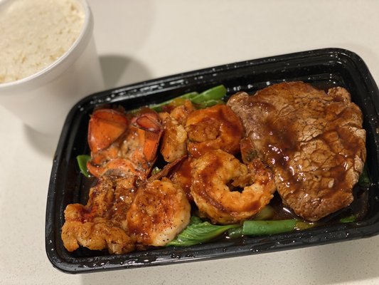 Surf & Turf Filet, shrimp, and lobster.