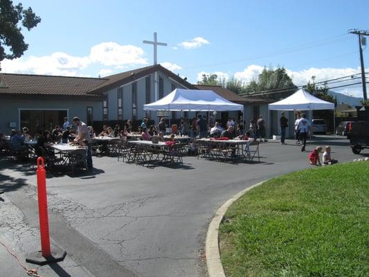 The church holds a welcome lunch on the first Sunday of each month.