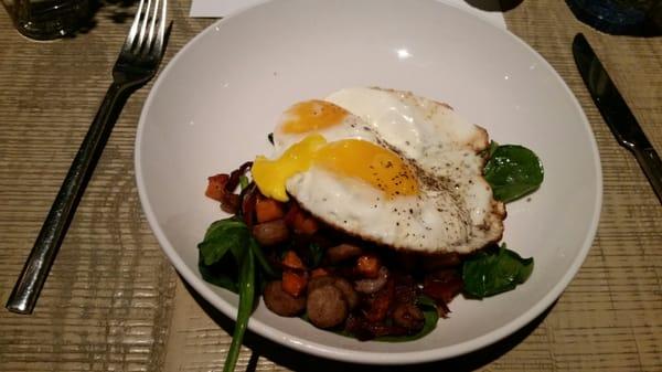 Breakfast sausage hash with sweet  potato, spinach and farm eggs