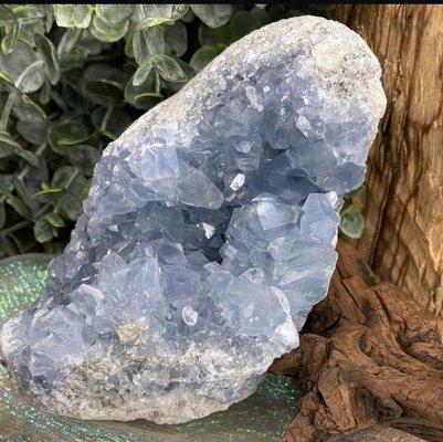 This is an example of a blue celestite crystal that is very calming. I keep one by my bedside and have some in the store.