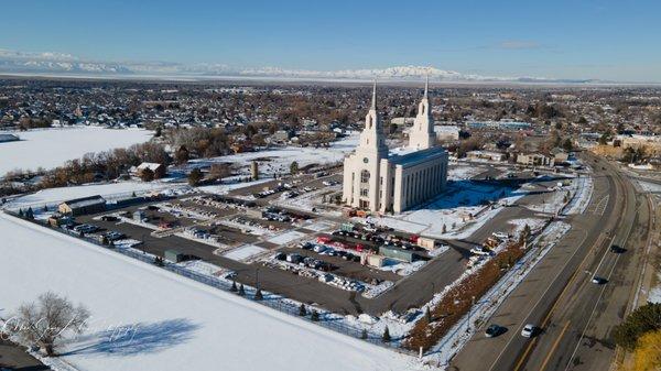 Layton Utah Temple on a winter day by drone on March 5, 2023. Official Website is TempleScoop.com