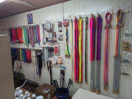 Stocked on collars and leads. Personalized metal collar tags completed on site while you shop.