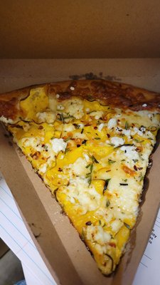 Goat cheese, acorn squash and hot honey pizza .. delish!!