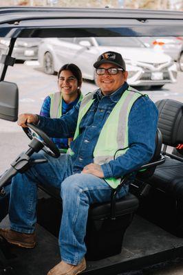 Golf carts ready and available to shuttle you to and from your car.