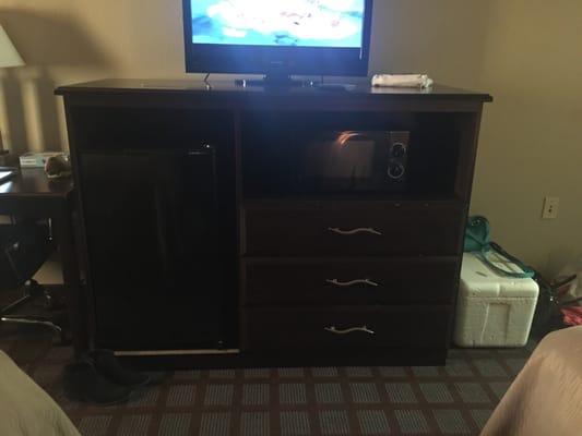 Fridge, microwave, storage, and good tv channels