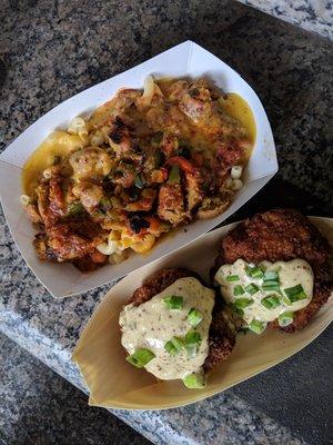 Top: veggie hot dog mac&cheese from Original Thought   Bottom: fried mac&cheese crawfish balls from House of Blues