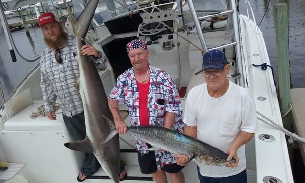 January 7, 2015,  90 pound spinnershark possible state record also 5 jack crevalle and 25 pound king mackeral caption