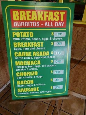 Breakfast burrito menu 6/6/22