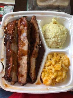 Rib tips, Mac-n-cheese, potato salad.