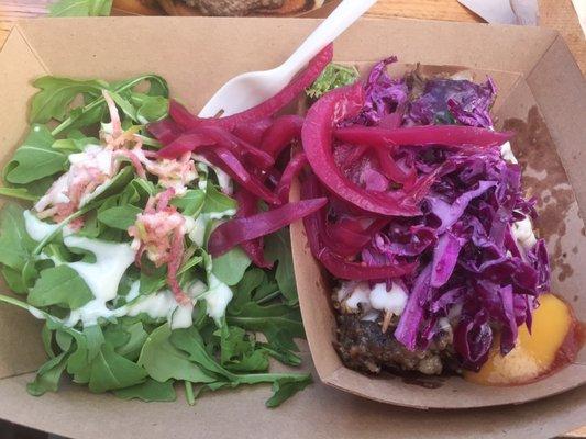 Jerk pork bowl - good! I added the pickled onion & hot sauces to make it extra good.