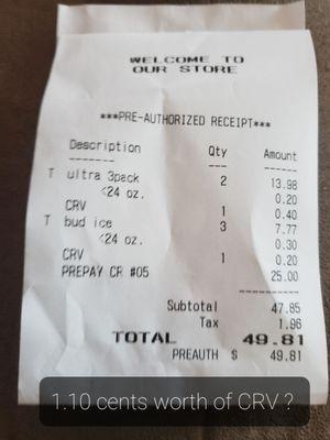 1.10$ worth of CRV, these employees are pocketing money  it adds up. How many customers are being scamed? Do a tip jar! If u want change.