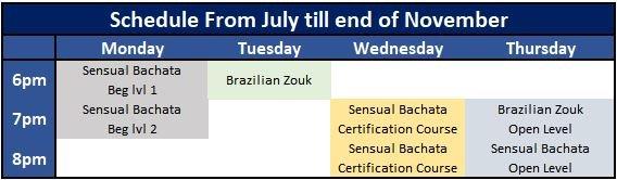 Classes Schedule from July till end of November