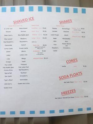 Shaved Ice/Shakes Menu