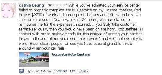 While Accurate Auto removed this negative feedback comment posted to their Facebook page, I kept a copy.