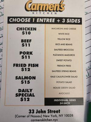 Menu with prices