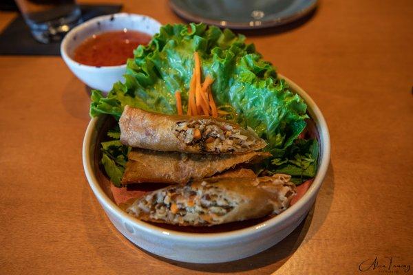 Veggie Egg Rolls - TOfu, shiitake and wood ear mushrooms, carrot, cabbage, jicama, and ginger served with a vegetarian fish sauce.