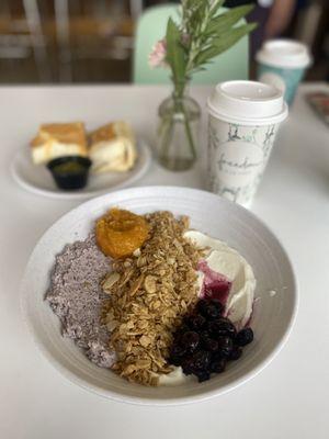 Chia seed pudding, breakfast burrito and chai latte!