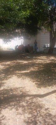 Homeless encampment in the back of property that sells meth and starts fires and leaves trash everywhere.