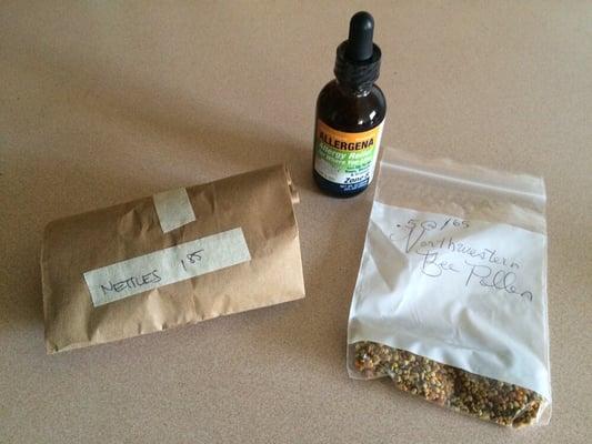 1 oz of nettles - $1.85, Allergy drops - $20, and .5 ounce of bee pollen - $0.82