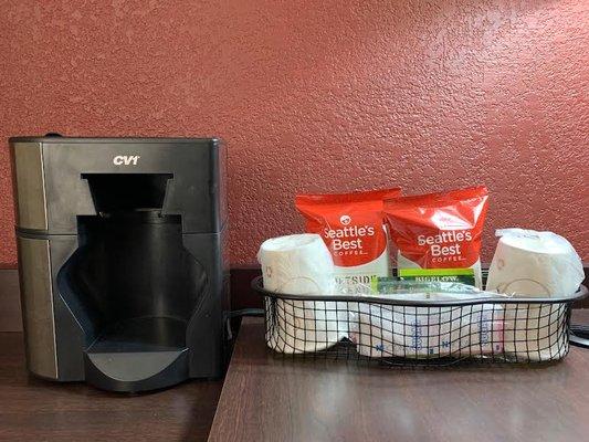 FREE PREMIUM COFFEE, at your fingertips in every room