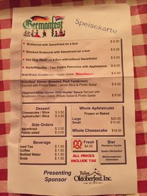 Germanfest menu