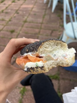 Poppy seed bagel with chive cream cheese and lox