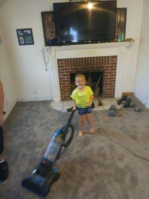 My lil helper geting the new carpet all fluffed up