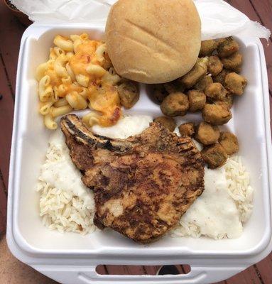 Pork Chop with Rice and Gravy, Mac and Cheese, Fried Okra and Roll, $9.99 Wednesday special with drink