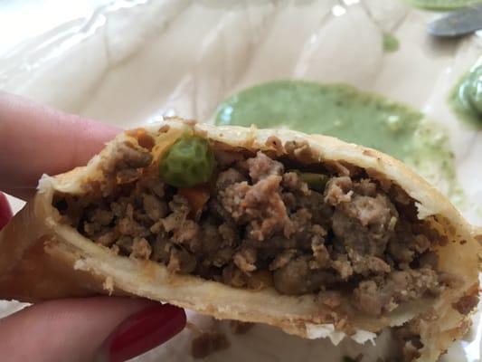 Inside of the samosas- beef and peas and corn with yoghurt mint chutney