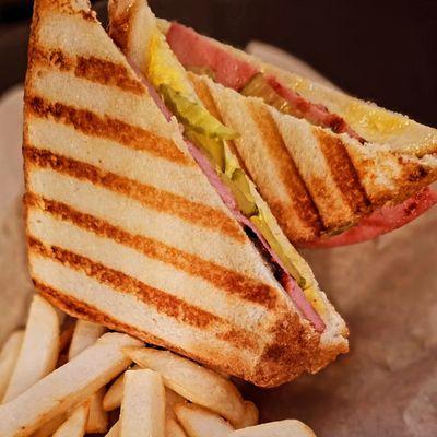 Gramas Hot Pressed Sammie, Fried Bologna, Muenster Cheese, Mustard & Pickles