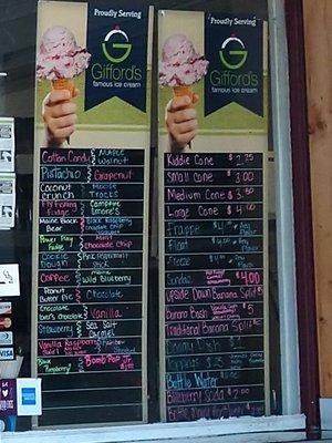 Gifford's Ice Cream Choices & Prices (2020 - Subject to Change)