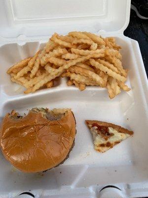 Cheeseburger, French fries, and some pizza