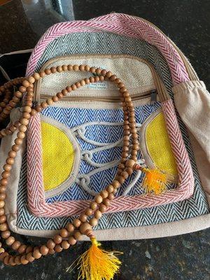 Mala beads, backpack