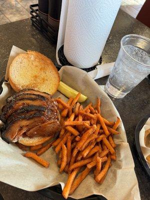 Brisket sandwich and sweet potato fries