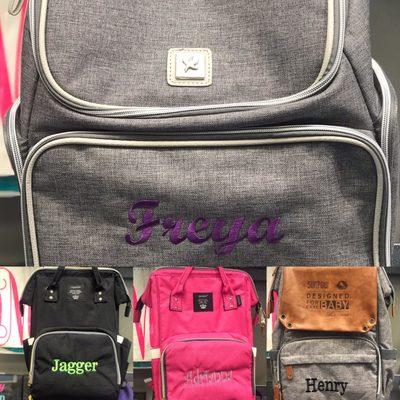 Monogrammed multifunctional diaper bag.