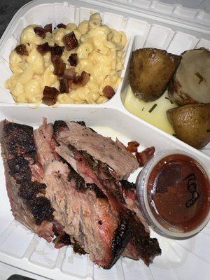 Brisket, Bacon mac and cheese, and salt potatoes